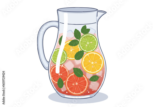 Pitcher of refreshing citrus drink with ice cubes and mint leaves illustration.