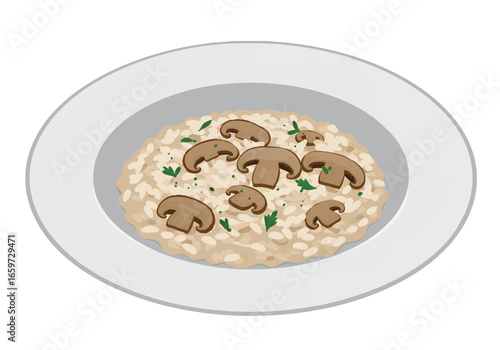 Mushroom risotto served on a plate, garnished with parsley.