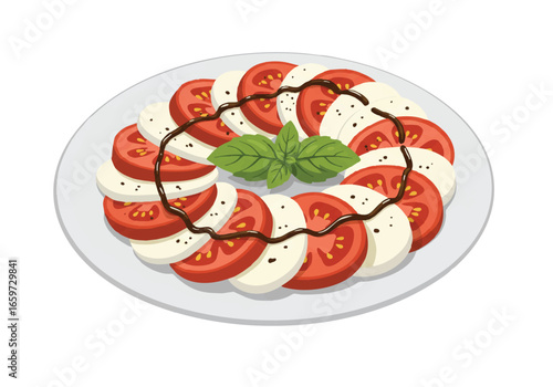 Caprese salad with tomatoes, mozzarella, basil and balsamic glaze on a plate.