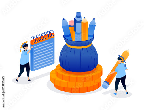 Sacks filled with pencils pens and money stacks show the weight of student loan burden. Can be used for book cover, banner, website, web, educational brochure and scholarship ads
