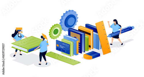 Collaborative teamwork seen in people organizing books and stationery for group learning. Can be used for book cover, banner, website, web, educational brochure and scholarship ads