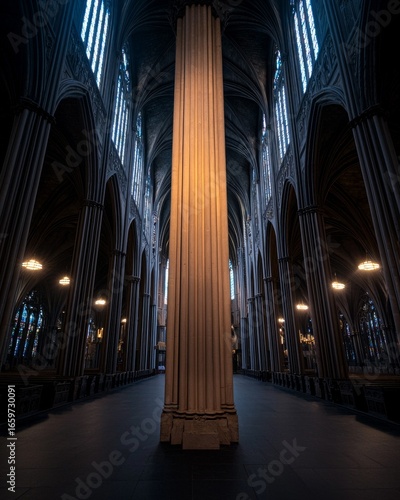 Gothic Cathedral Interior with Majestic Pillars and Arched Ceilings under Soft Light
