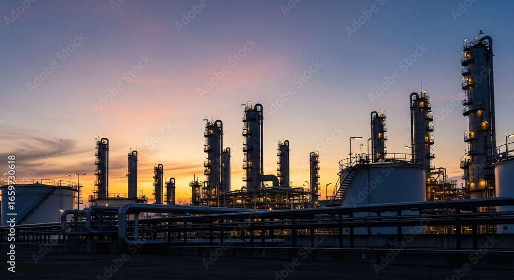 Fototapeta premium Industrial Refinery at Sunset with Illuminated Towers.