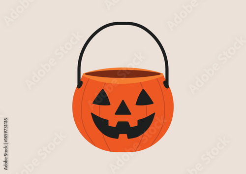 Orange pumpkin bucket with jack o lantern face, black handle, used for trick or treat candy collection on Halloween night. Flat vector illustration