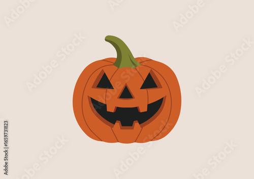 Carved pumpkin with jack o lantern face, green stem, smiling spooky expression, traditional symbol for Halloween night celebration. Flat vector illustration