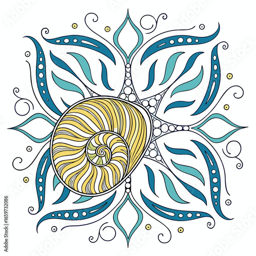 Vector art of stylized nautilus shell with decorative elements, , a captivating illustration for creative projects