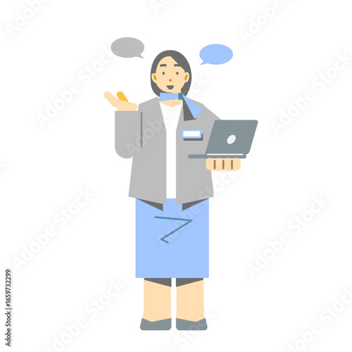 笑顔でサービスの説明をする会社員の女性　シンプルでお洒落なフラットイラスト
