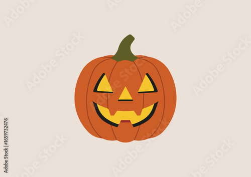 Carved pumpkin with glowing jack o lantern face and green stem, smiling expression as traditional symbol for Halloween night celebration. Flat vector illustration