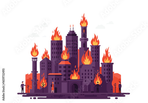 City buildings engulfed in flames, symbolizing disaster, crisis, and social issues.