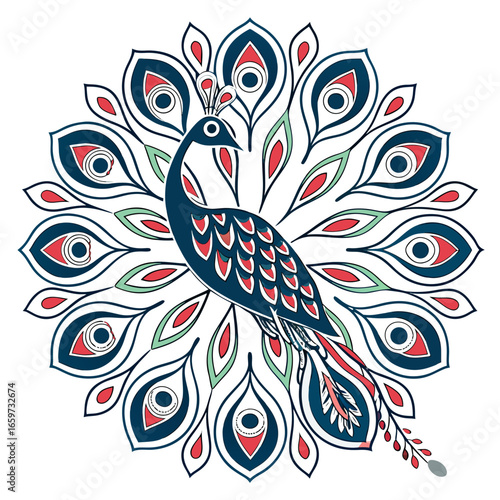 Vector art of vibrant peacock mandala design with intricate feather patterns, perfect for decorative and artistic projects