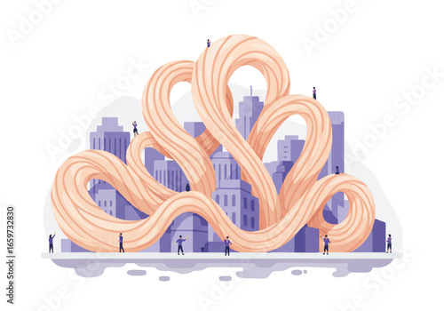 Abstract cityscape illustration with swirling shapes and miniature people figures.