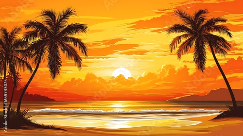 Fototapeta Naklejka Na Ścianę i Meble -  A vintage-inspired beach scene featuring palm trees by the shore, glowing under the warm orange and pink sunset sky.