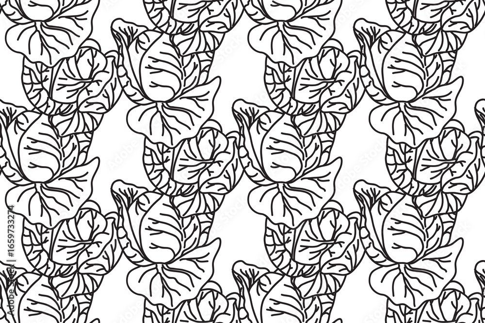 Fototapeta premium Line art botanical cabbages seamless pattern vector illustration. Repeating drawing vegetables in white background. Graphic design for Cover Fashion Textile Greeting Card Birthday Invitation Flyer