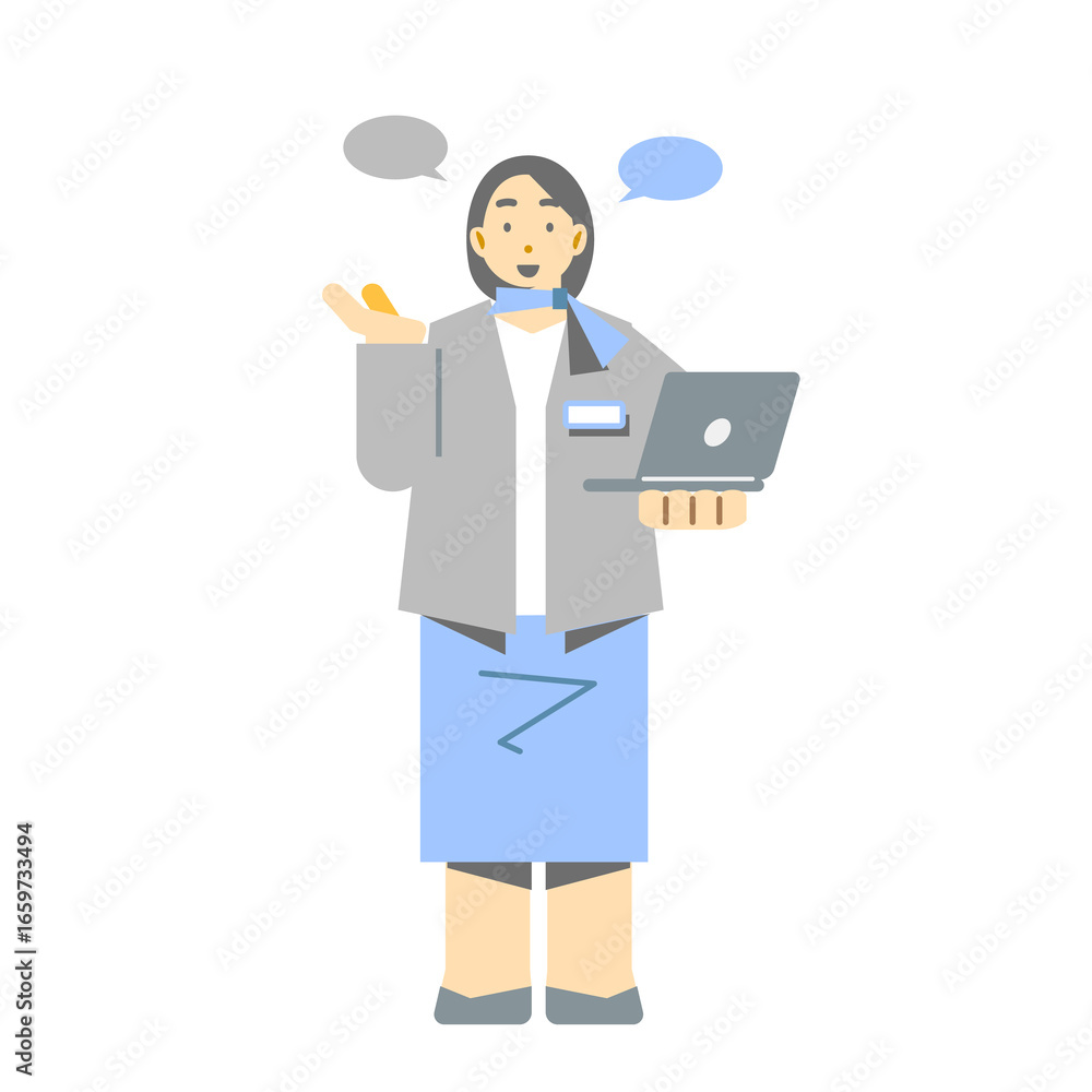 Obraz premium A smiling female office worker explaining the service. Simple and stylish flat illustration
