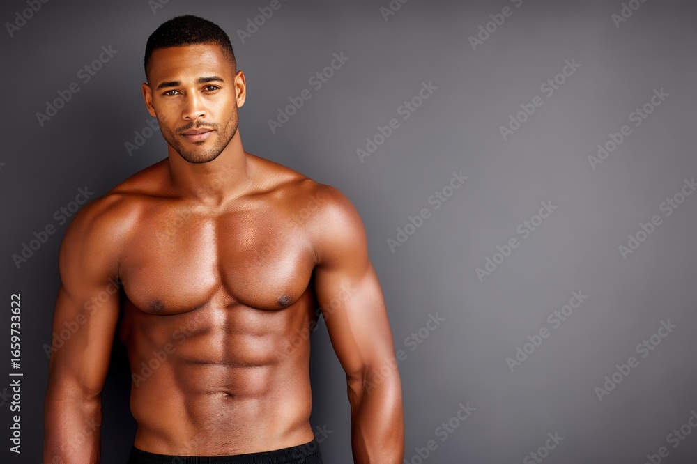 Fototapeta premium Portrait of Muscular Shirtless Man Against Gray Background