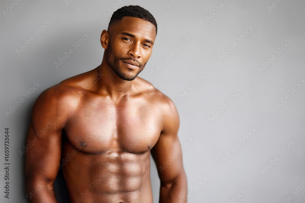 Obraz premium Przystojny umięśniony mężczyzna pozujący bez koszulki na szarym tle