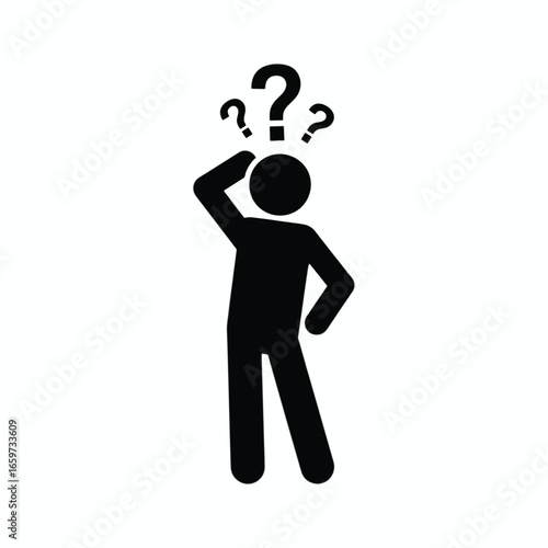 A simple black silhouette icon of a person scratching their head in confusion with question marks floating above.