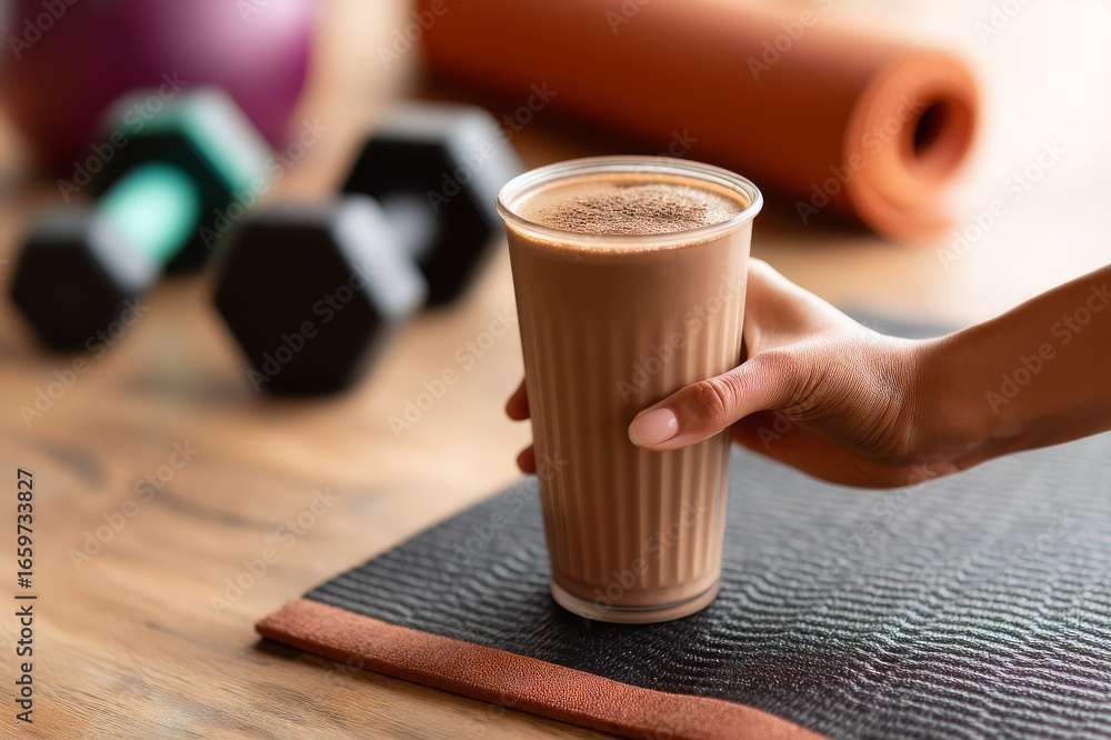 Naklejka premium Koktajl proteinowy po treningu na macie fitness