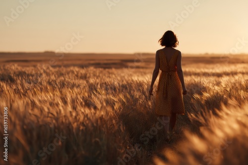Fototapeta Naklejka Na Ścianę i Meble -  Kobieta w sukience spacerująca po polu o zachodzie słońca
