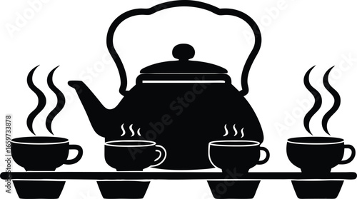 Silhouette vector a traditional tea kettle on a brazier with steam rising, surrounded by tea cups
