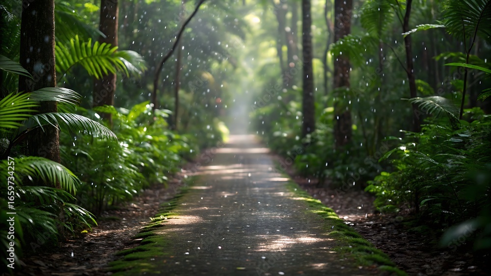 Fototapeta premium A Sun-Dappled Path in a Rainy Tropical Forest 