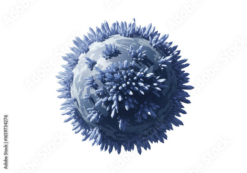 Detailed microscopic view of a virus particle with spikes on its surface.
