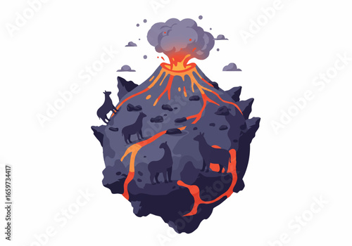 A stylized illustration of a volcano erupting with lava flowing down its sides.