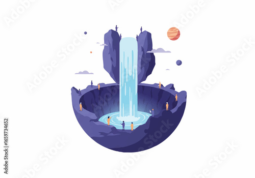 A scenic waterfall cascading into a pool on a spherical planet with a rocky landscape.