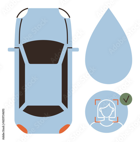 Blue car from above, water drop shape, face recognition symbol with verification checkmark. Ideal for automotive technology, safety, innovation, security, user authentication smart systems. Simple