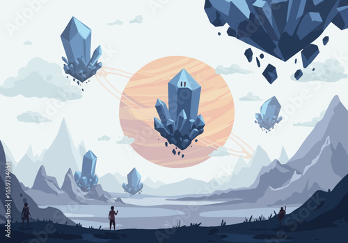 Fantasy landscape with floating crystal islands and a ringed planet in the background.