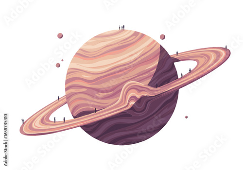 Illustration of Saturn with rings and tiny people standing on the planet and rings.