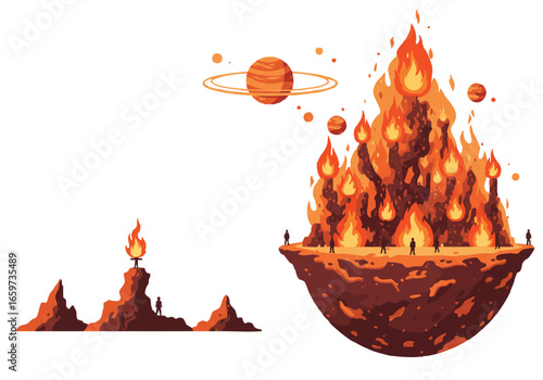 Pixel art illustration of a fiery landscape with floating islands and planets.