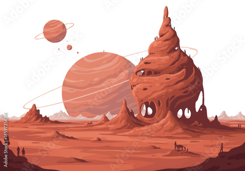 A red alien planet with a unique structure and a ringed planet in the sky.