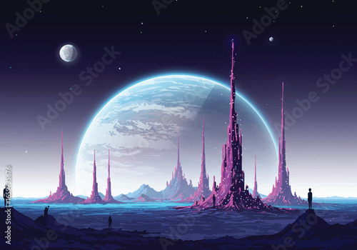 A futuristic alien city landscape with towering structures under a moonlit sky.