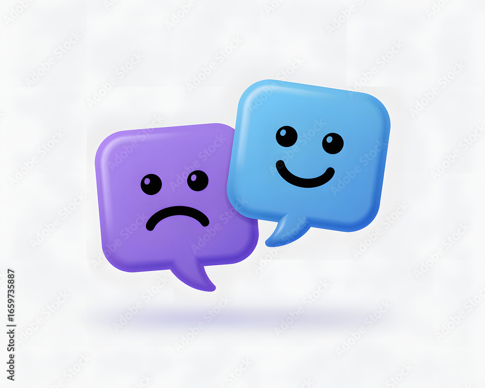 Fototapeta premium 3D rendered illustration of happy and sad emojis in speech bubbles representing feedback or customer satisfaction