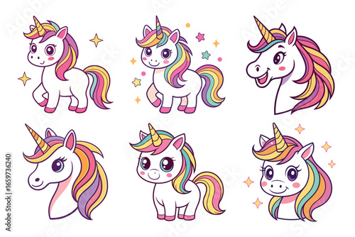 Enchanting collection of playful unicorns with vibrant rainbow manes and sparkling stars, perfect for magical party invitations and whimsical designs.
