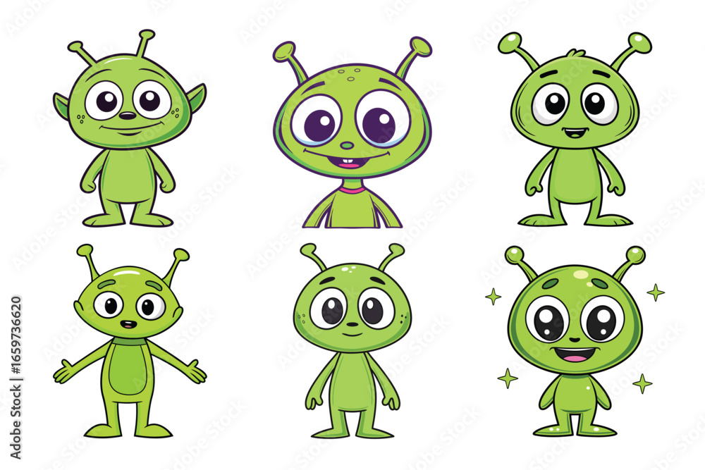 Naklejka premium Six adorable cartoon aliens with big eyes and antennas, showcasing diverse playful expressions and poses perfect for children's books and fun marketing campaigns