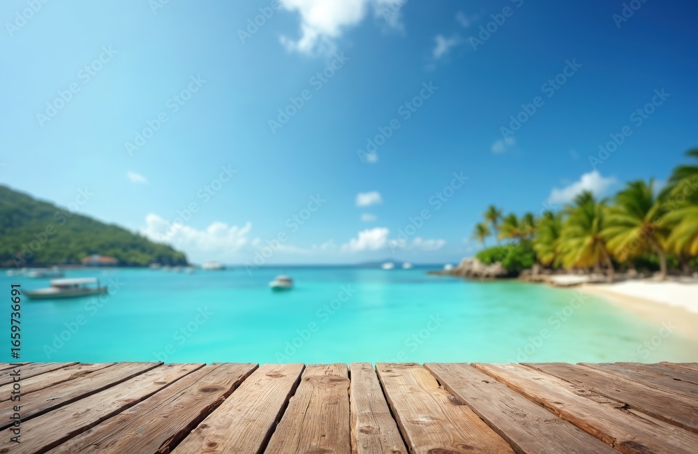 Fototapeta premium Wooden table with tropical beach background. Azure ocean, sunny sky, vacation. Summer holiday destination. Concept for product display, advertising, travel, relax, vacation, paradise, seaside resort.