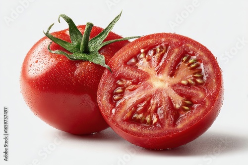 Wallpaper Mural A close up of two fresh red tomatoes one whole and one sliced in half on a white background surface Torontodigital.ca