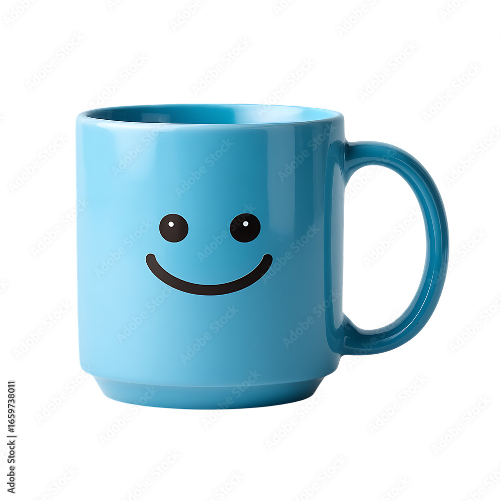 Cheerful blue ceramic mug with smiley face isolated on transparent background Cheerful blue ceramic mug with smiley face isolated on transparent background