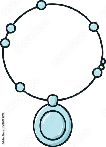 Cartoon illustration of a beaded necklace with a round pendant, isolated on a white background.