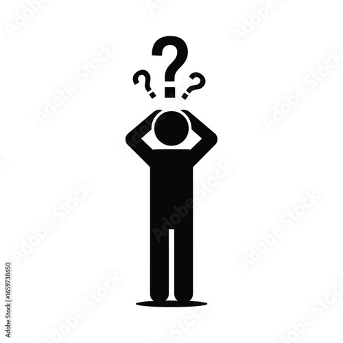 A black pictogram of a person holding their head with question marks above, symbolizing confusion, doubt, and problems.