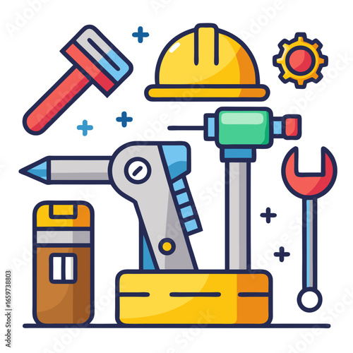 Construction tools and equipment for repair work on light blue background