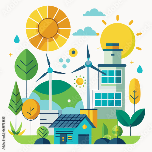 Illustration of renewable energy sources and sustainable living in harmony