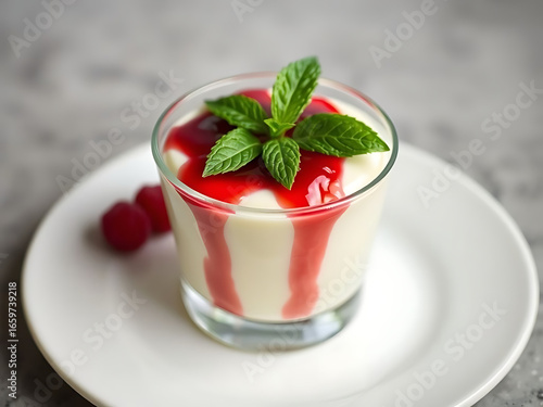 Italian Panna Cotta with Raspberry Coulis in Glass Cup
