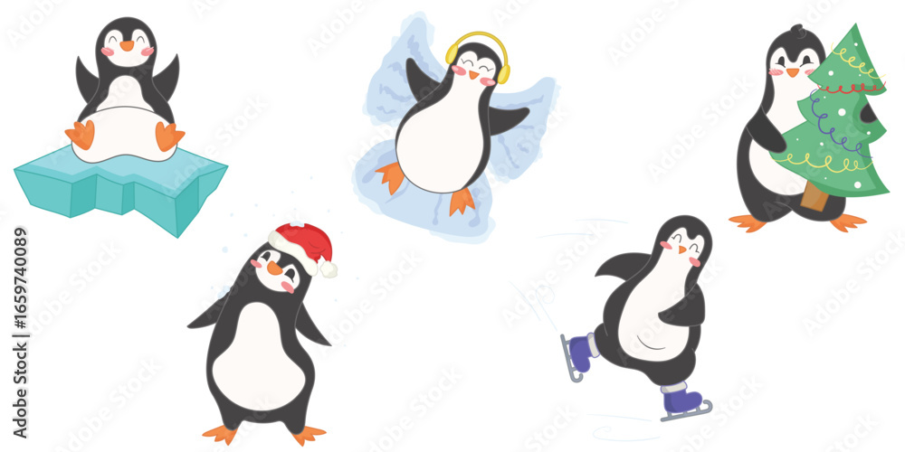 Obraz premium Set of cute Christmas penguins - cartoon penguins with Christmas tree, on ice floe, ice skating, lying in snow, wearing red hat