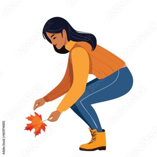Single person bending down to pick up an orange maple leaf, wearing cozy autumn sweater and boots, 3D cartoon style, clean white background, no shadow, stock safe