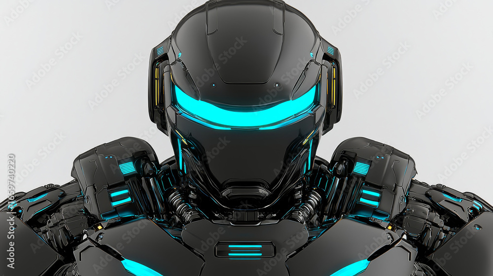 Naklejka premium Hyper realistic domestic AI assistant robot with sleek black design and glowing blue accents, showcasing advanced technology and intricate details. This futuristic robot embodies innovation