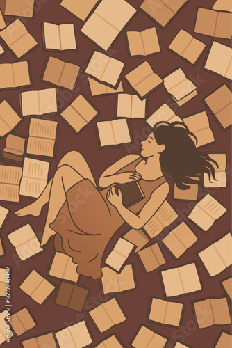 Storybook spread with sleeping girl dreamy bedtime scene in warm brown palette