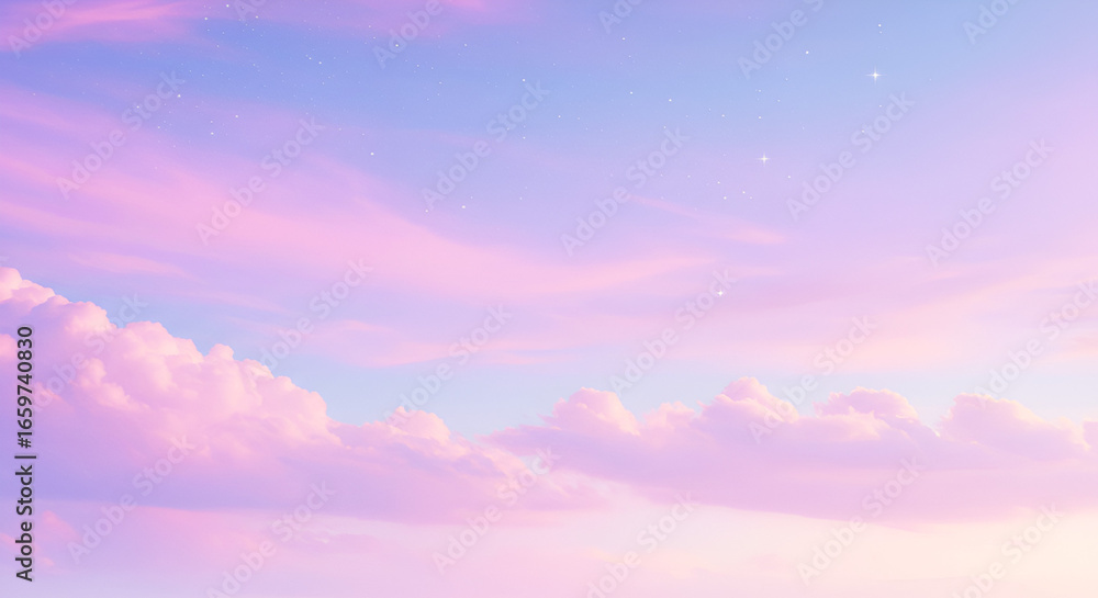 Obraz premium “Dreamy pastel sky with soft clouds, stars twinkling, vaporwave style, high resolution”